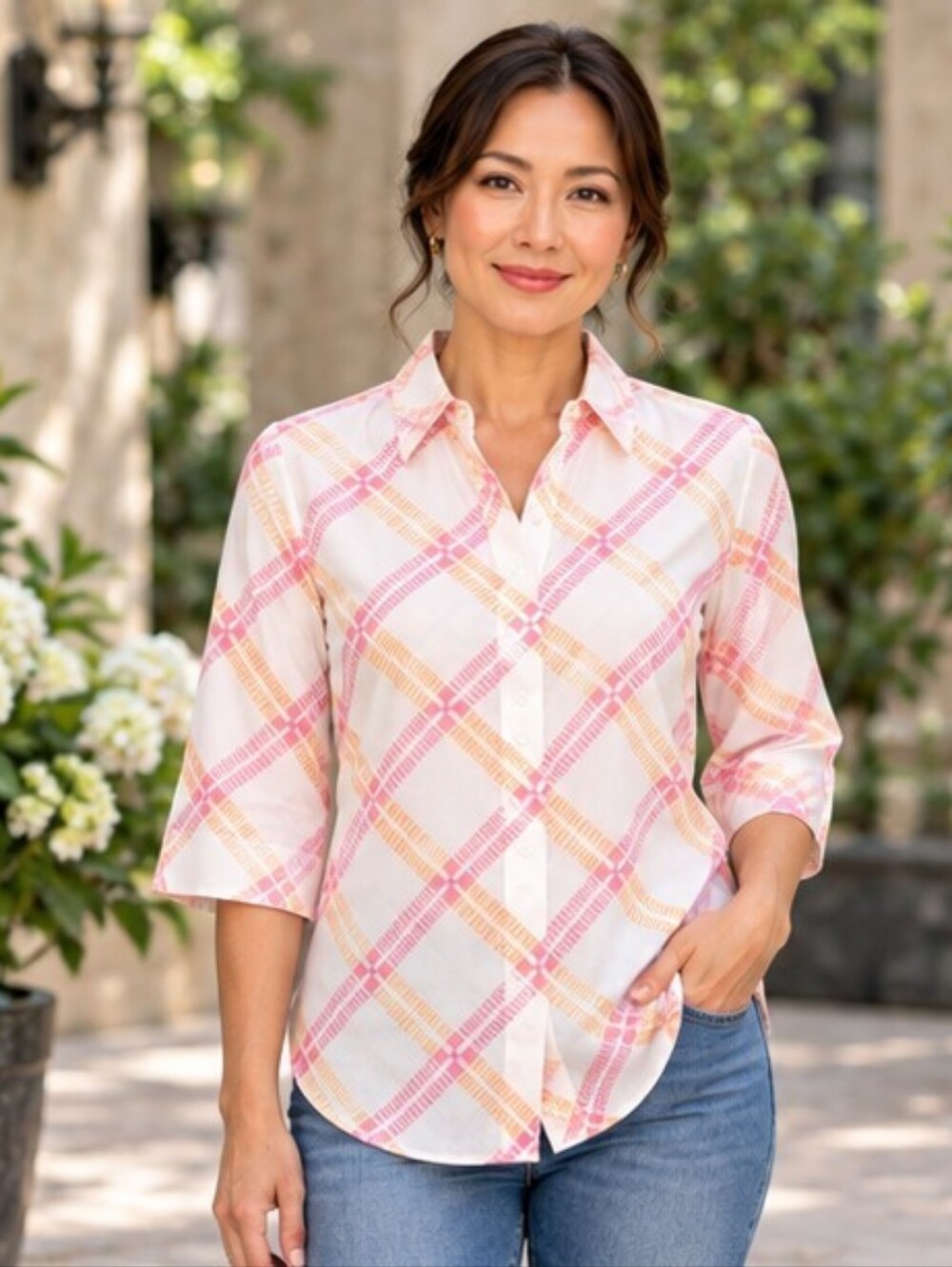CHICO'S | Pink Orange Lattice Print 3/4 Sleeve Blouse | size S -M (CHICO's 0)